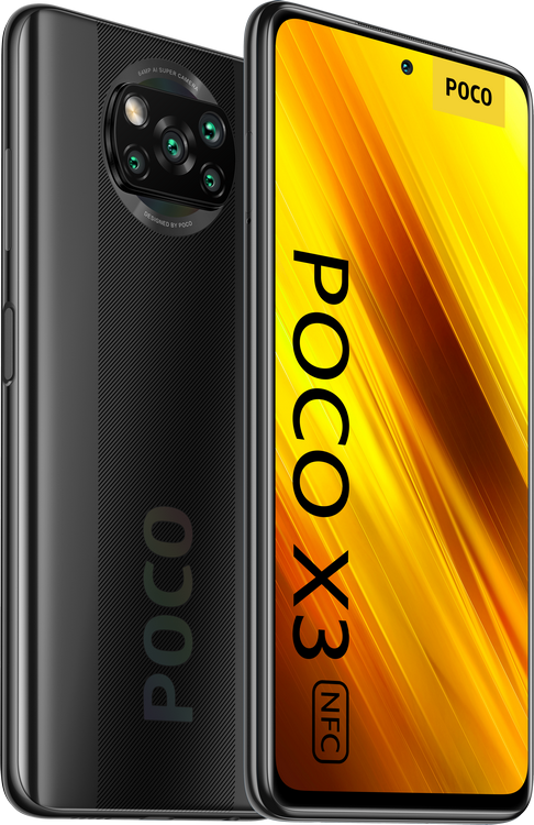 Teléfono negro Poco X3 NFC, dos vistas que muestran la cámara y la pantalla. Logotipo amarillo POCO X3.
