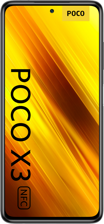 Teléfono inteligente Poco X3 NFC con diseño amarillo y negro. La pantalla está encendida.