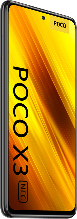 Un teléfono inteligente POCO X3 NFC en vista vertical, con un logotipo POCO amarillo en la parte superior.