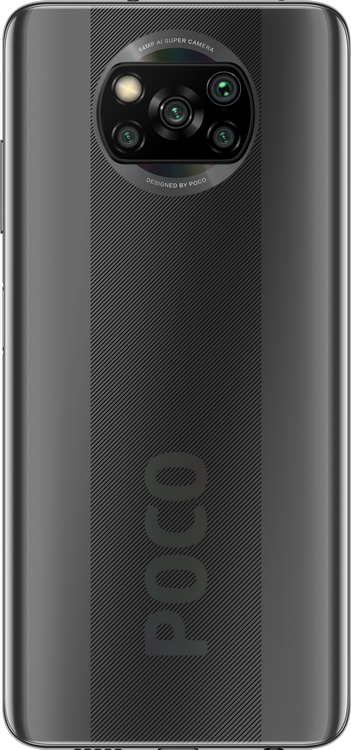 La parte trasera de un teléfono gris Poco X3 NFC con múltiples cámaras traseras y un logotipo.