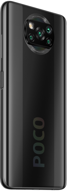 Smartphone negro con múltiples cámaras traseras, el logo POCO y parte trasera texturizada.