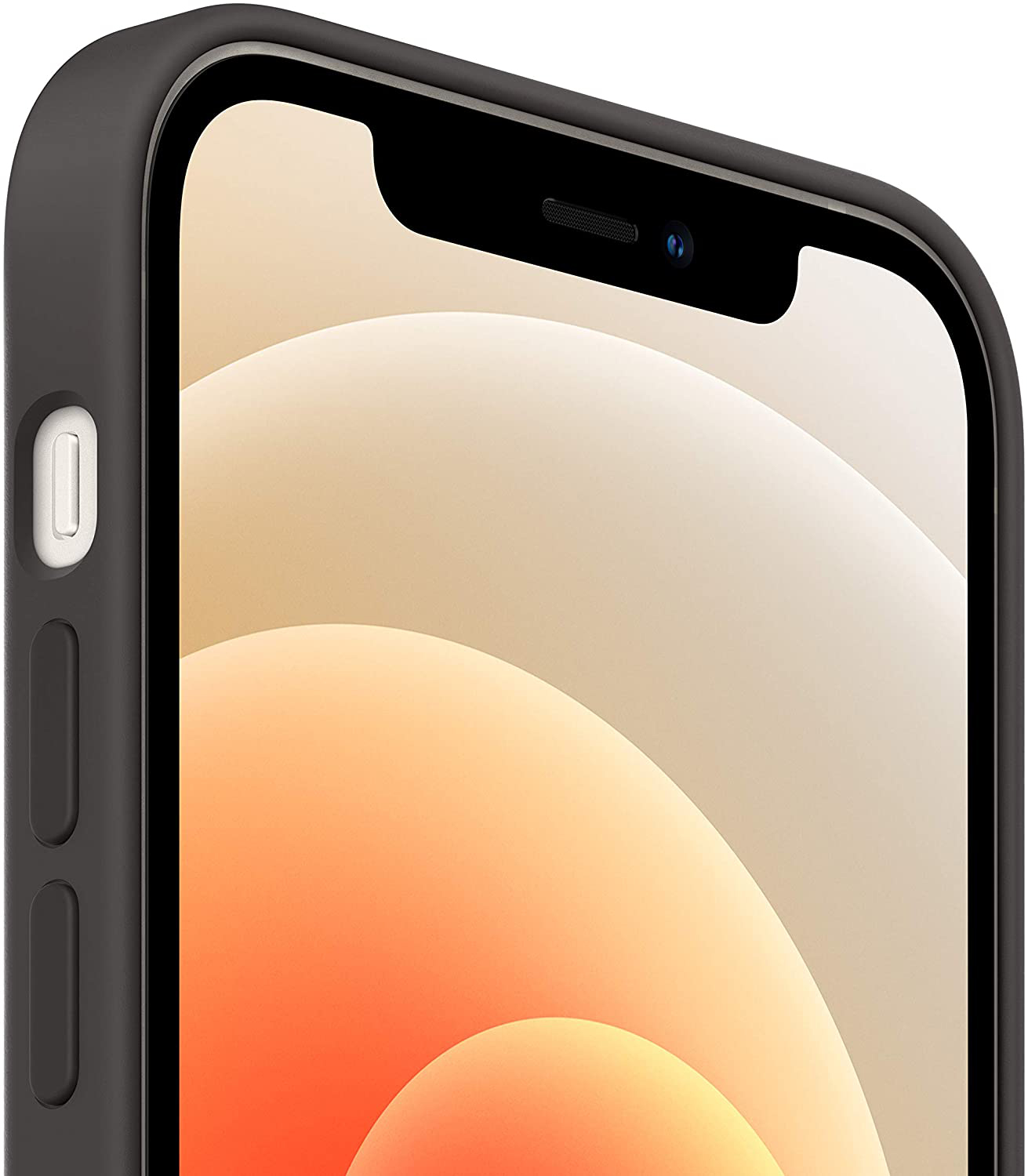 Egy fekete telefon közeli képe, képernyővel, kamerával és oldalsó gombbal.