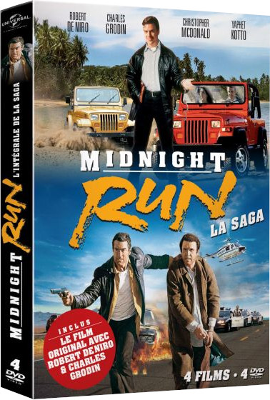 Midnight Run DVD-cover. Robert De Niro en Charles Grodin in actie. Jeeps en politiewagens zijn aanwezig.