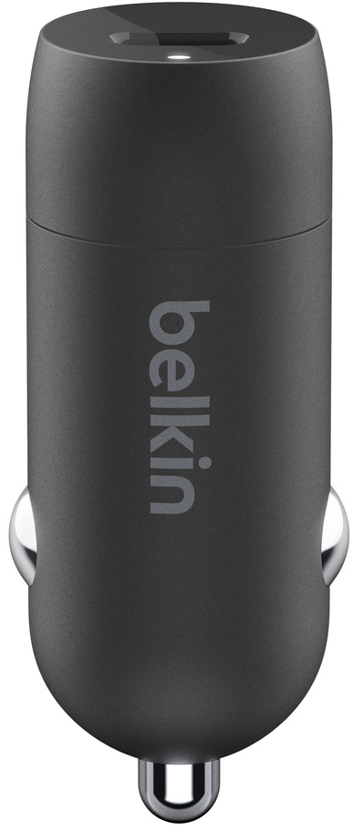 A black Belkin car charger. It's cylindrical with 'belkin' written on the side.