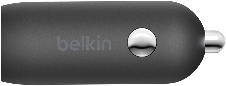 Belkin car charger, black and silver design, close up.