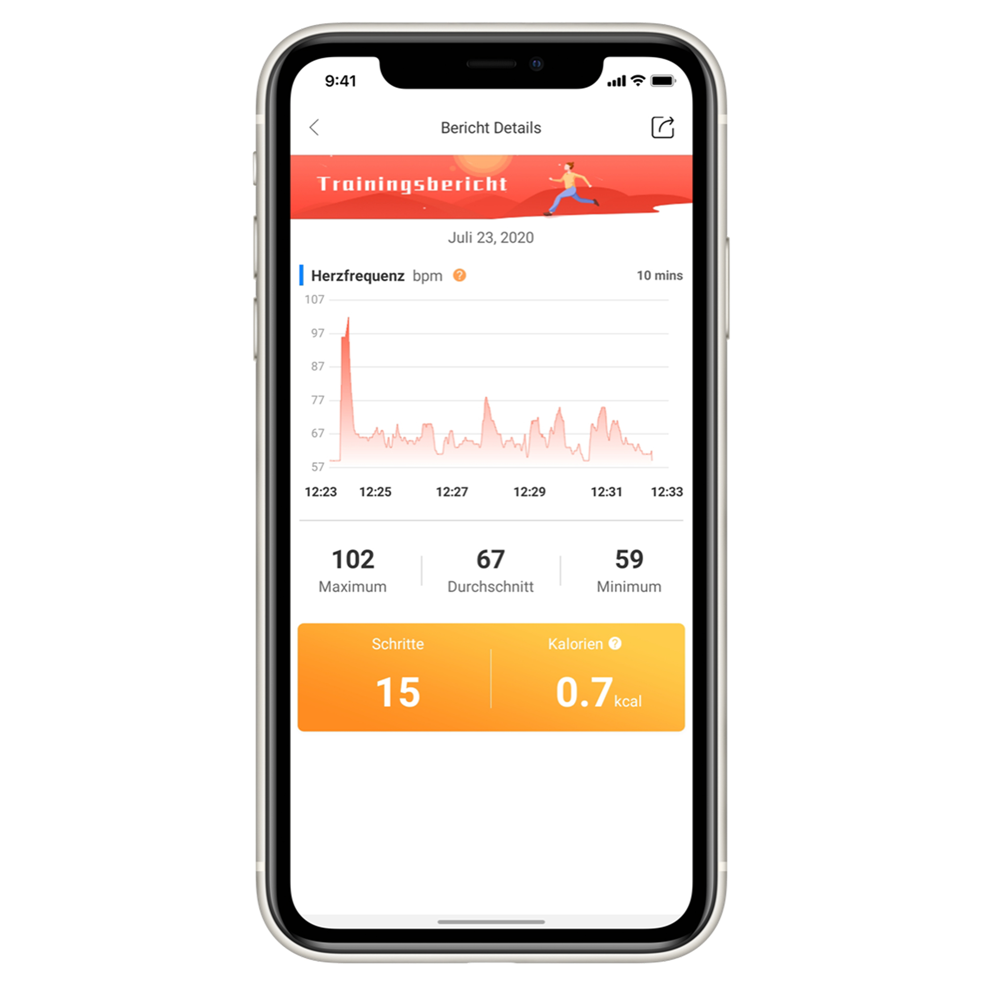 Smartphone-Bildschirm mit Herzfrequenz und Schritten.