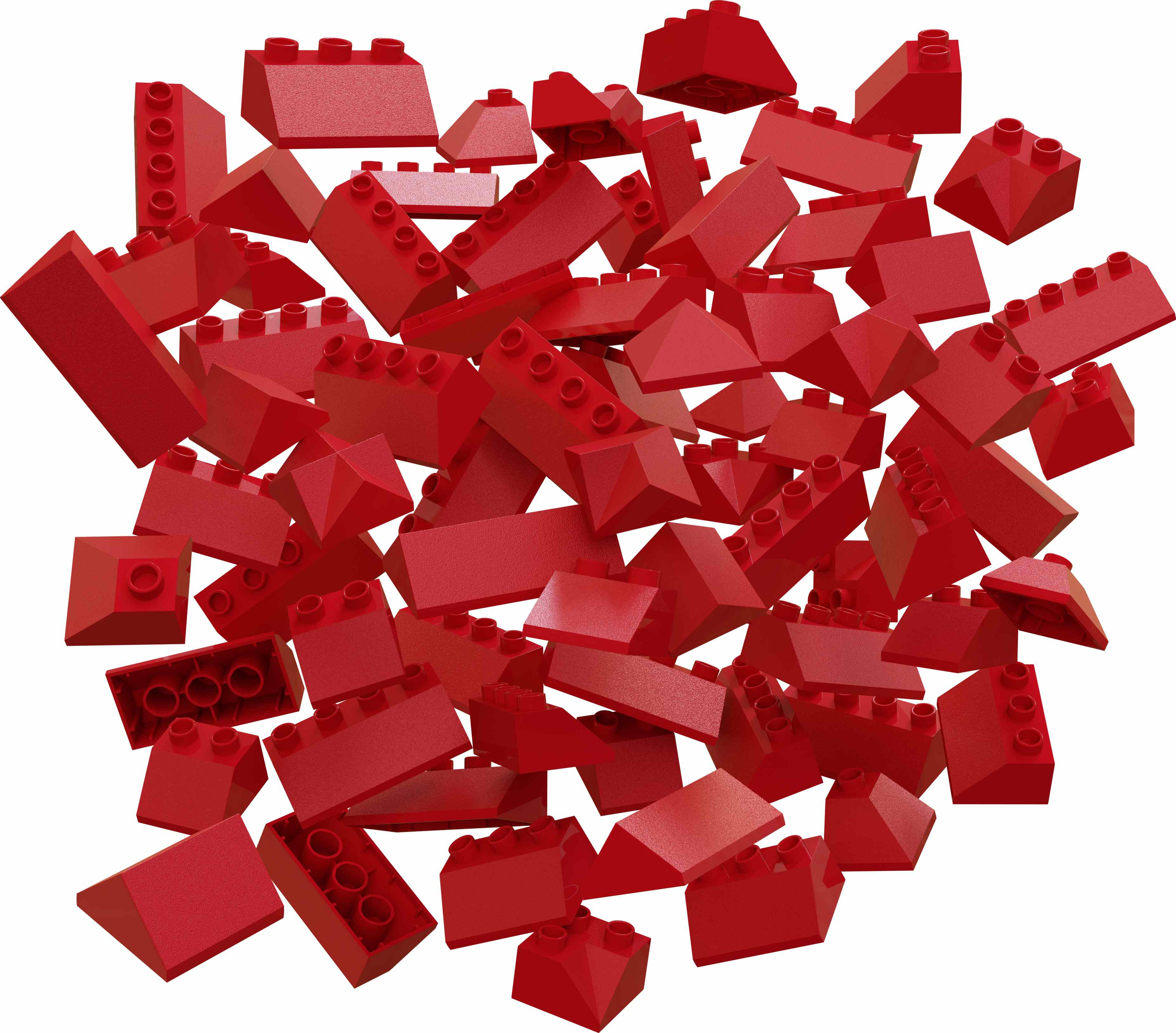 Briques Lego rouges éparpillées. Formes et tailles variées, fond blanc.