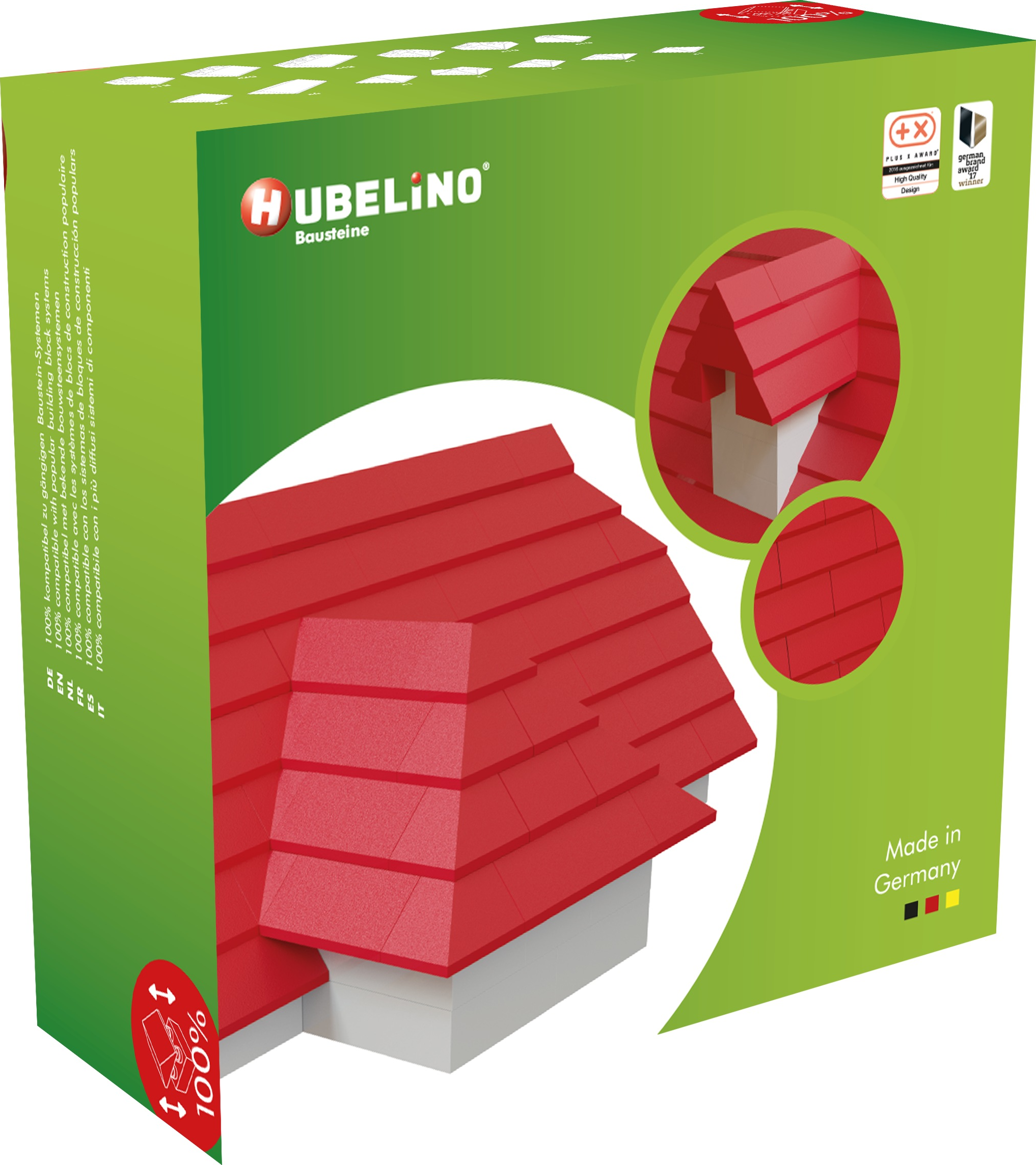 Boîte de blocs de construction Hubelino avec toit rouge et modèle de maison.