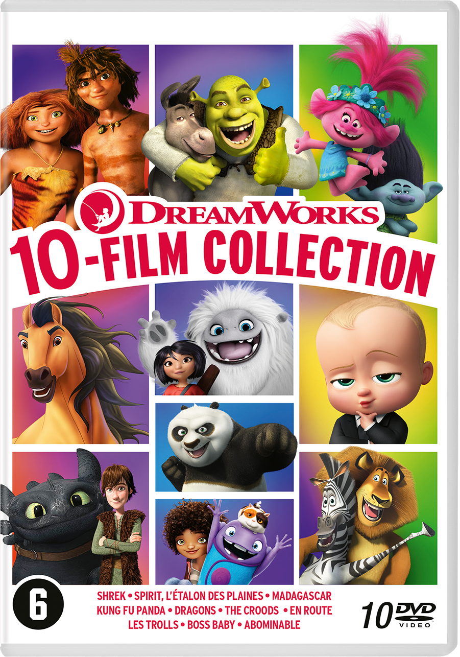 DreamWorks 10-Film Collection dvd-box, met verschillende animatiefiguren.