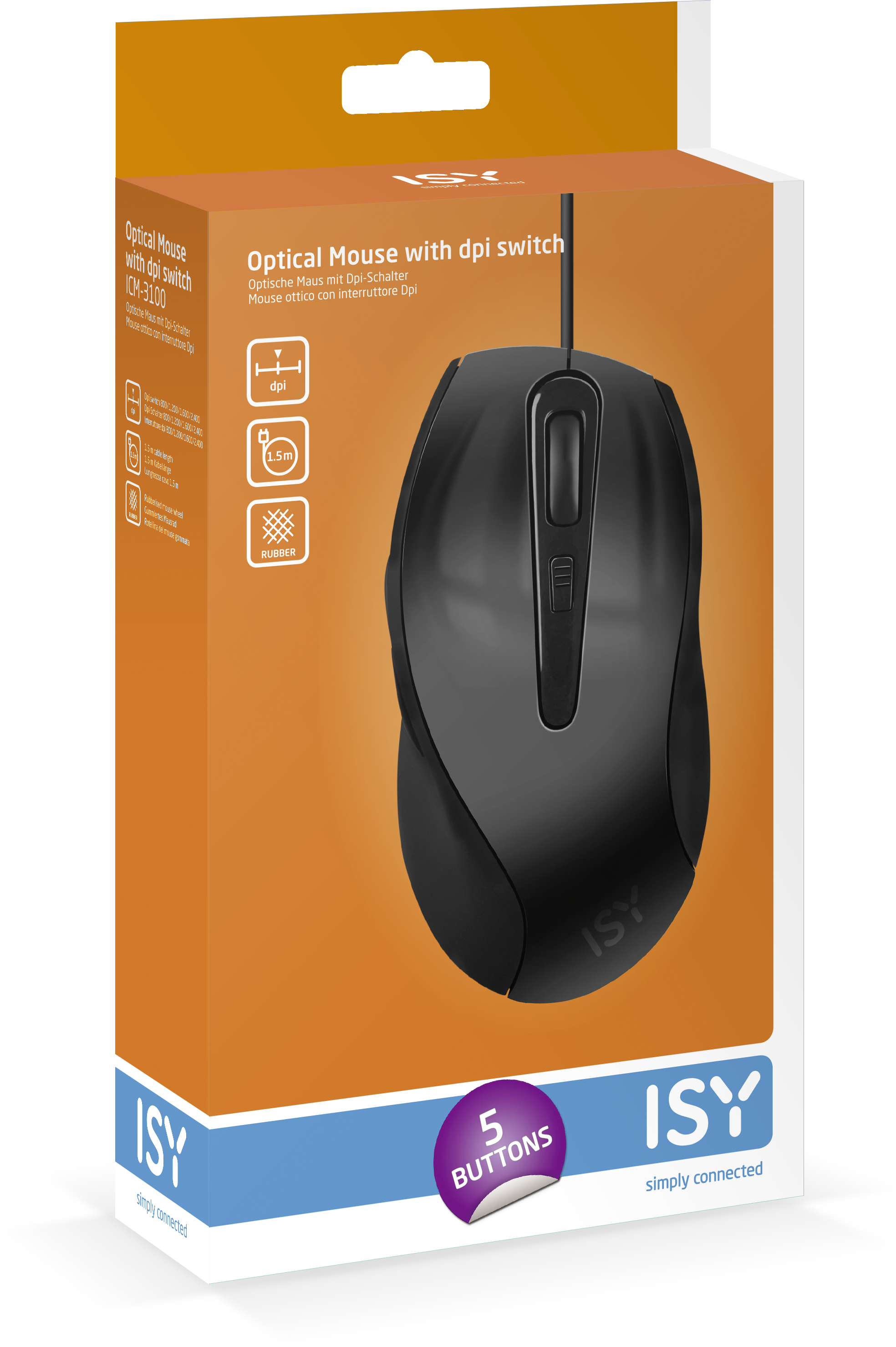 Schwarze optische ISY-Maus mit Box, orange und schwarz, 5 Tasten.