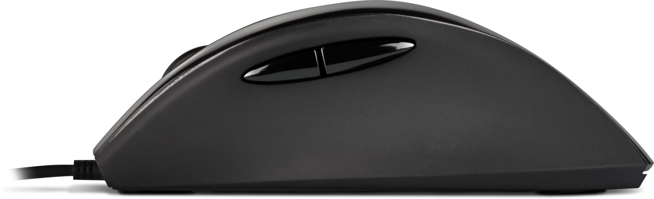 Schwarze Computermaus mit zwei Tasten und Kabel, von der Seite gesehen.