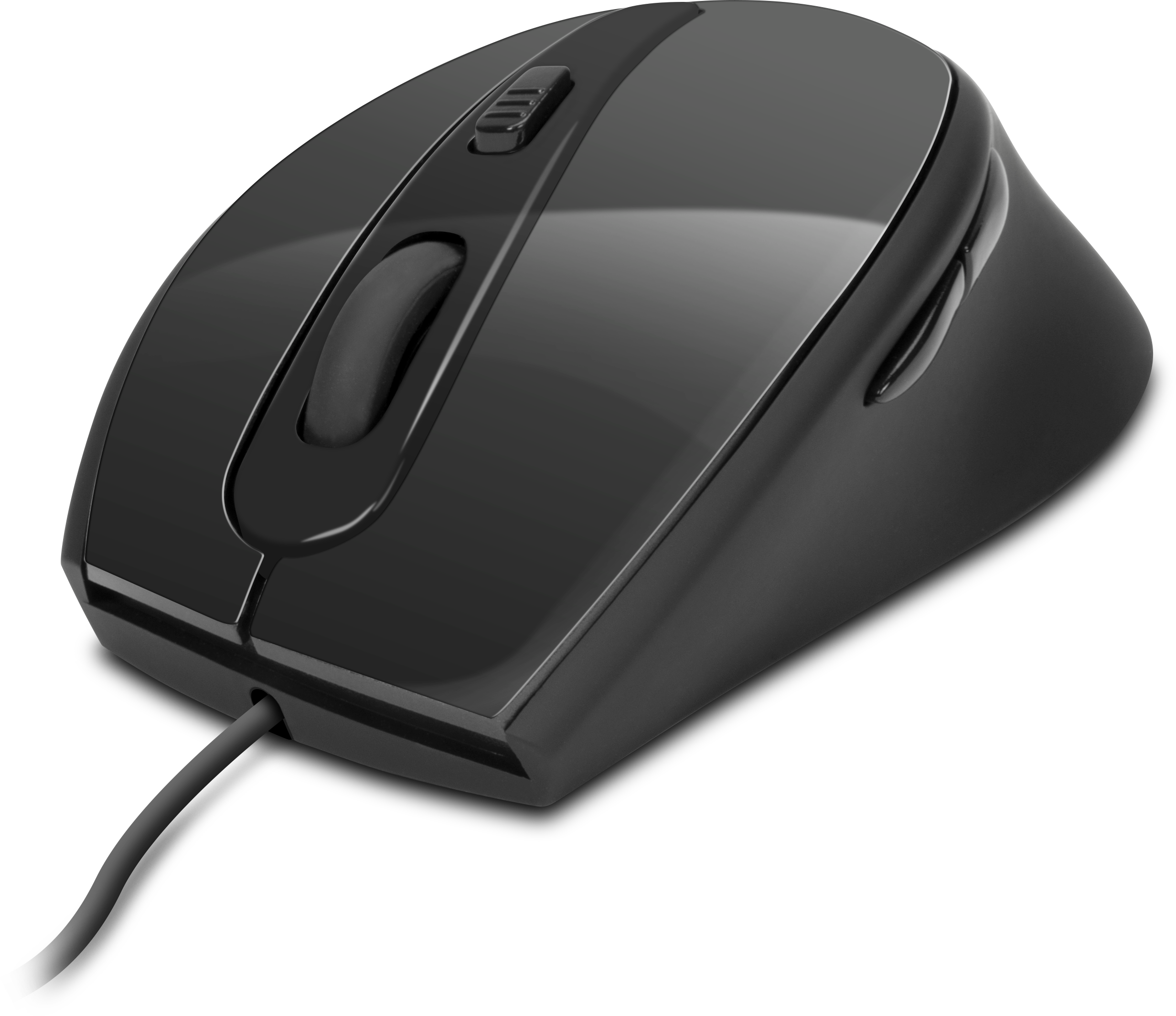 Schwarze Computermaus mit zwei Tasten und einem Scrollrad. Ein Kabel geht von der linken Seite aus.