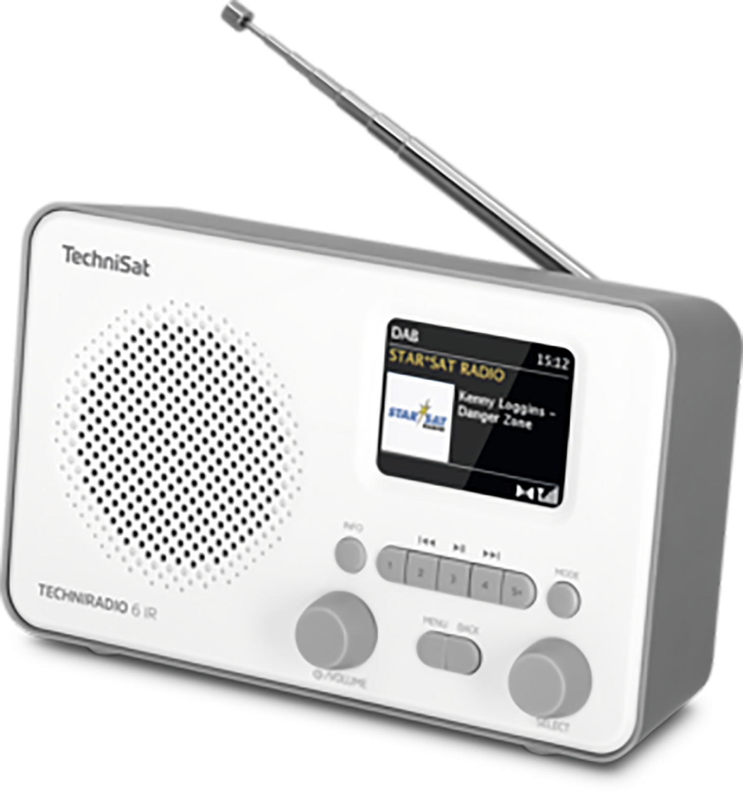 Ein weißes und graues TechniSat-Radio. Es hat einen Bildschirm, auf dem ein Radiosender und Bedienelemente angezeigt werden. Oben ist eine Antenne ausgeklappt.