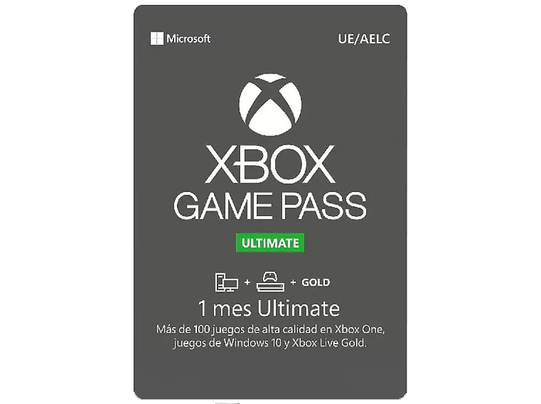 Tarjeta Xbox Game Pass Ultimate con texto. El fondo es gris.