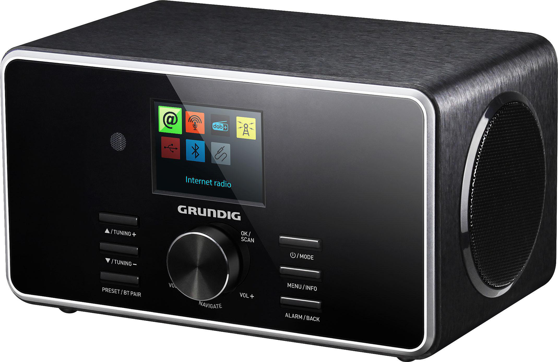 Schwarzes Grundig Internetradio. Bildschirm mit Symbolen. Bedienelemente auf der Vorderseite und Lautsprecher.