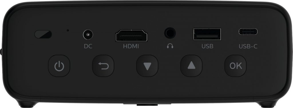 Zwart apparaat met verschillende poorten en knoppen, gelabeld: DC, HDMI, USB en USB-C.