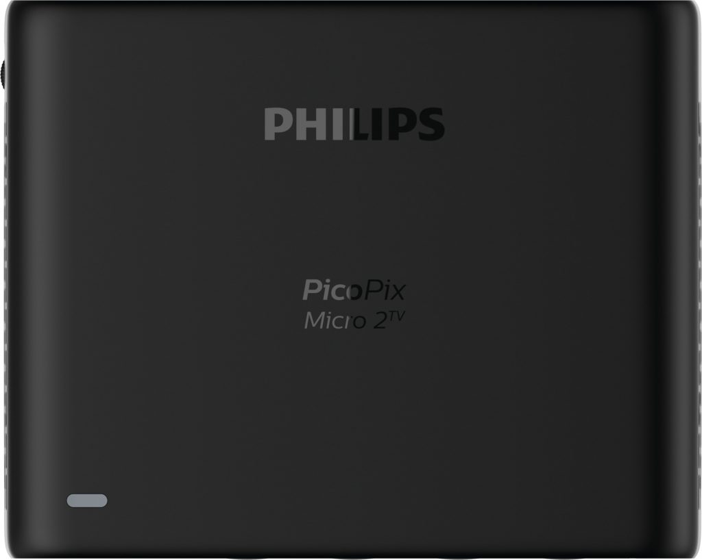 Zwarte Philips PicoPix Micro 2 tv, zwarte behuizing, met het Philips logo.