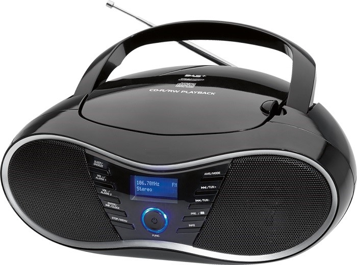 Radio lecteur CD noir. Il possède un écran numérique et des boutons de commande, avec une poignée et une antenne.