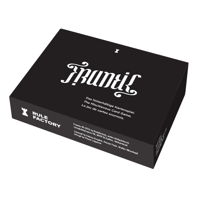 Boîte du jeu de société Frantic. Boîte noire avec texte blanc. Le nom du jeu en police stylisée.