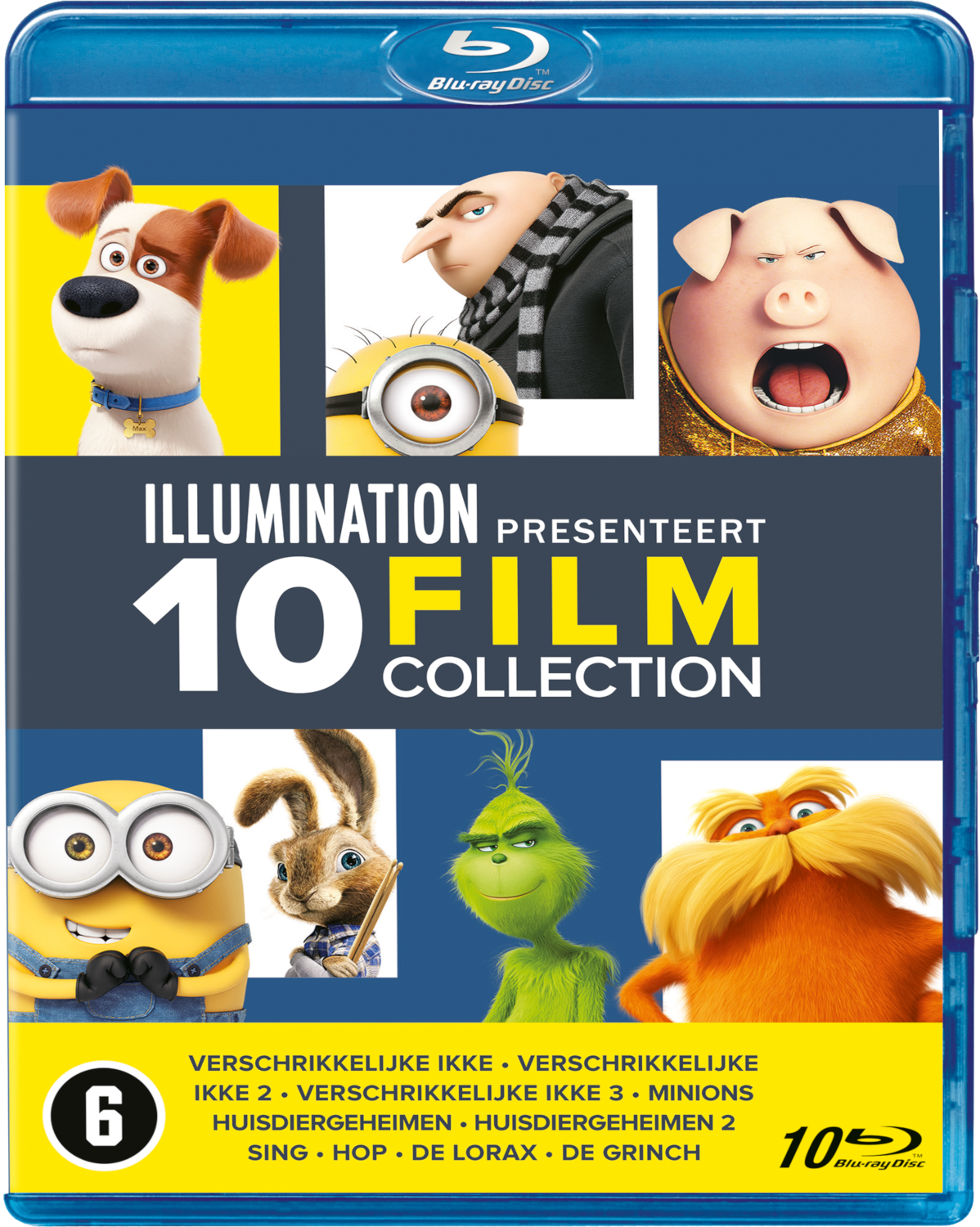 Couverture du film 'Illumination 10 Film Collection'. Comprend des personnages de dessins animés sur une couverture bleue. Plusieurs.