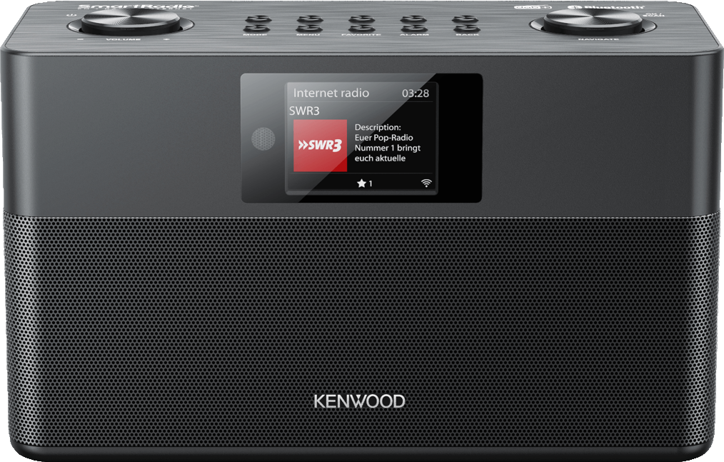 Una radio intelligente Kenwood grigio scuro con uno schermo che mostra informazioni radio. Sfondo semplice.