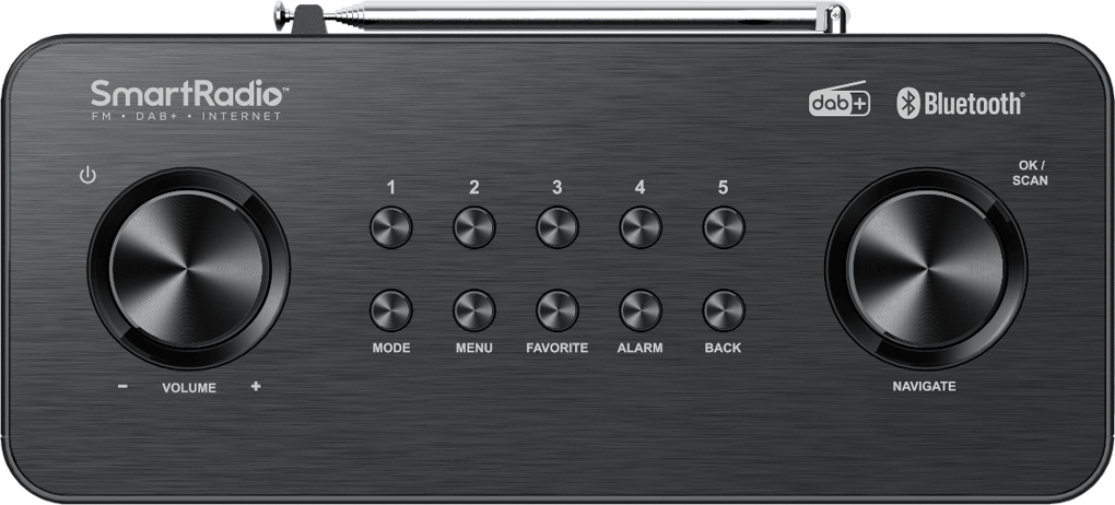 SmartRadio con pulsanti per volume, menu e preferiti. Ha un display digitale.
