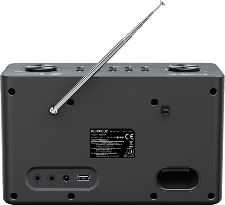 Kenwood Smart Radio, con la parte posteriore visibile, che mostra le connessioni e un'antenna.