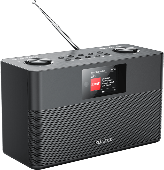 Radio internet Kenwood nera con display che mostra informazioni radio, isolata su bianco.