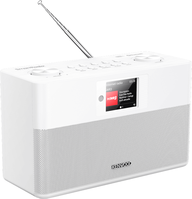 Radio Internet Kenwood bianca con schermo, antenna e griglia dell'altoparlante.