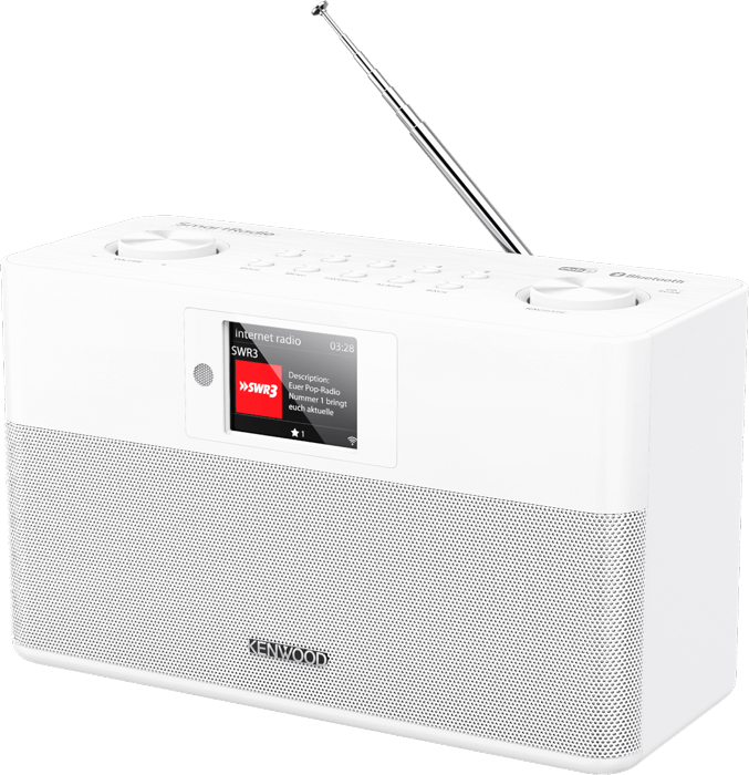 Radio Internet Kenwood bianca con schermo, antenna e griglia altoparlante.