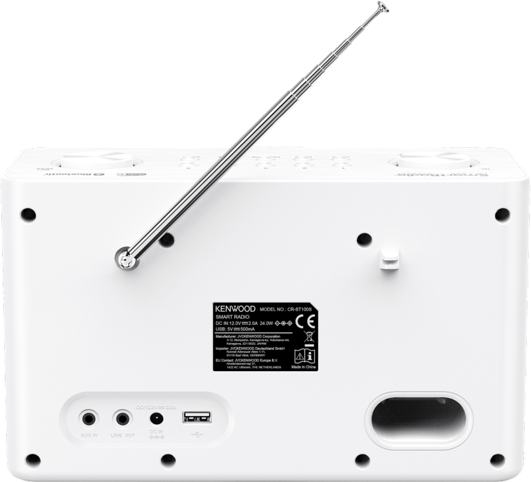 Radio smart Kenwood bianca. Include un'antenna retrattile e porte di ingresso/uscita posteriori.