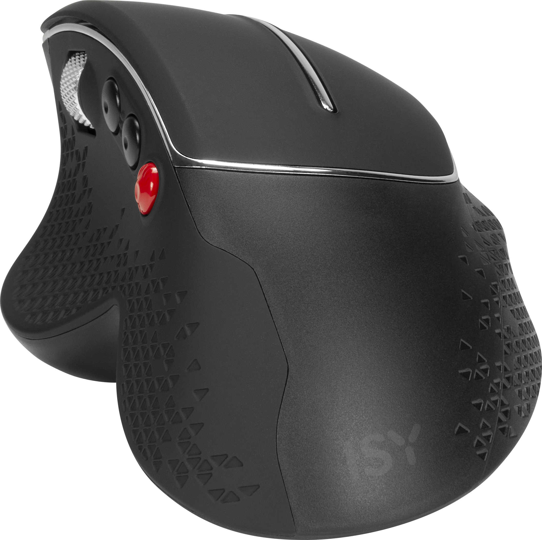 Eine schwarze ergonomische Maus mit roter Taste und silbernen Akzenten.
