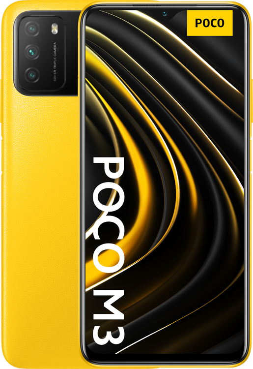 Teléfono POCO M3 amarillo con triple cámara y pantalla negra y amarilla.