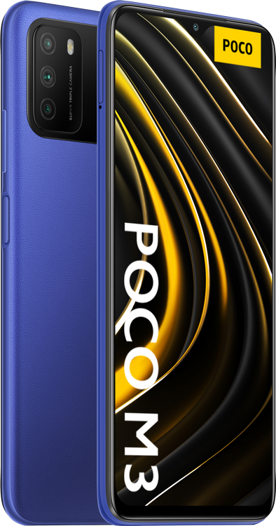 Un smartphone Poco M3 azul sobre un fondo azul.