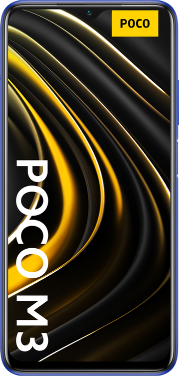 Teléfono POCO M3 con diseño de remolino negro y amarillo y marco azul.