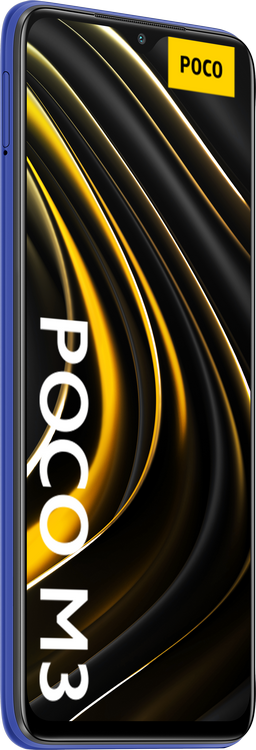 Un smartphone POCO M3 negro y amarillo, marco azul, con un logo POCO en la parte superior derecha.