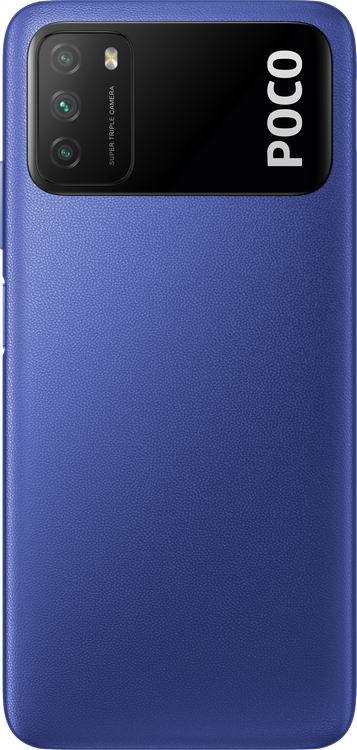 Un teléfono Poco azul con una configuración de triple cámara y la palabra POCO en texto blanco.