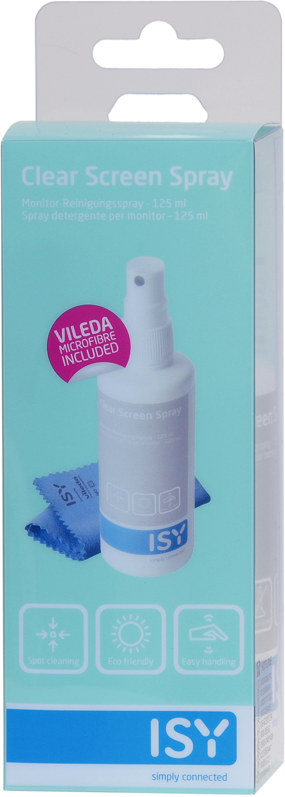 Klarer Bildschirmspray in einer Box mit Reinigungstuch. Die Box sagt 'Clear Screen Spray' und 'ISY'.