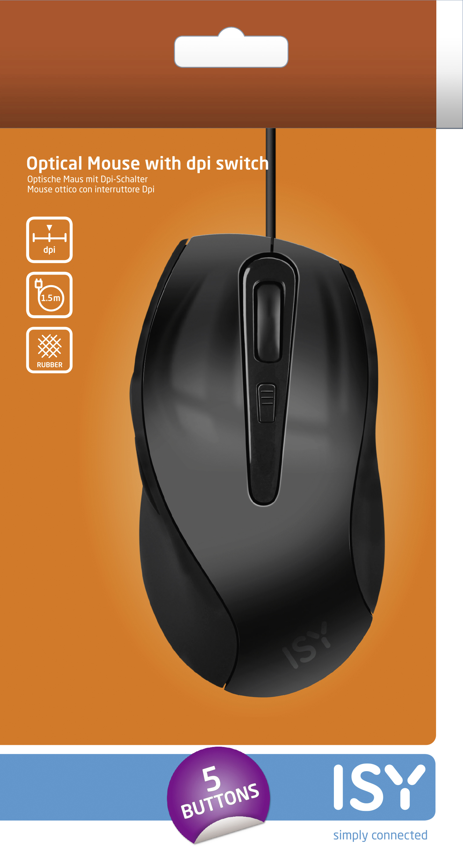 Schwarze optische Maus in Verpackung. 'ISY' Logo und '5 Buttons' Aufkleber sichtbar.