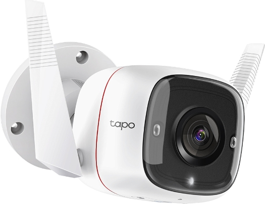 White Tapo security camera with two antennas, red trim and Tapo branding.