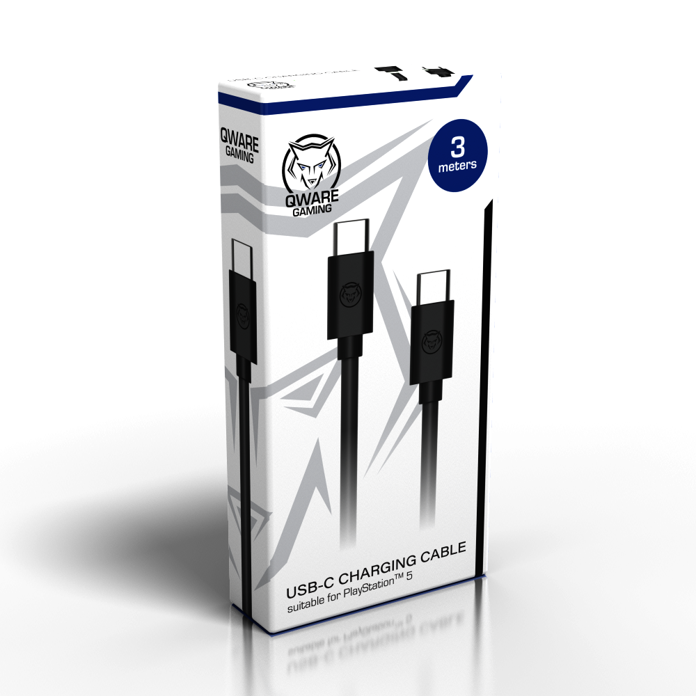 A white box with a USB-C charging cable for PlayStation 5.