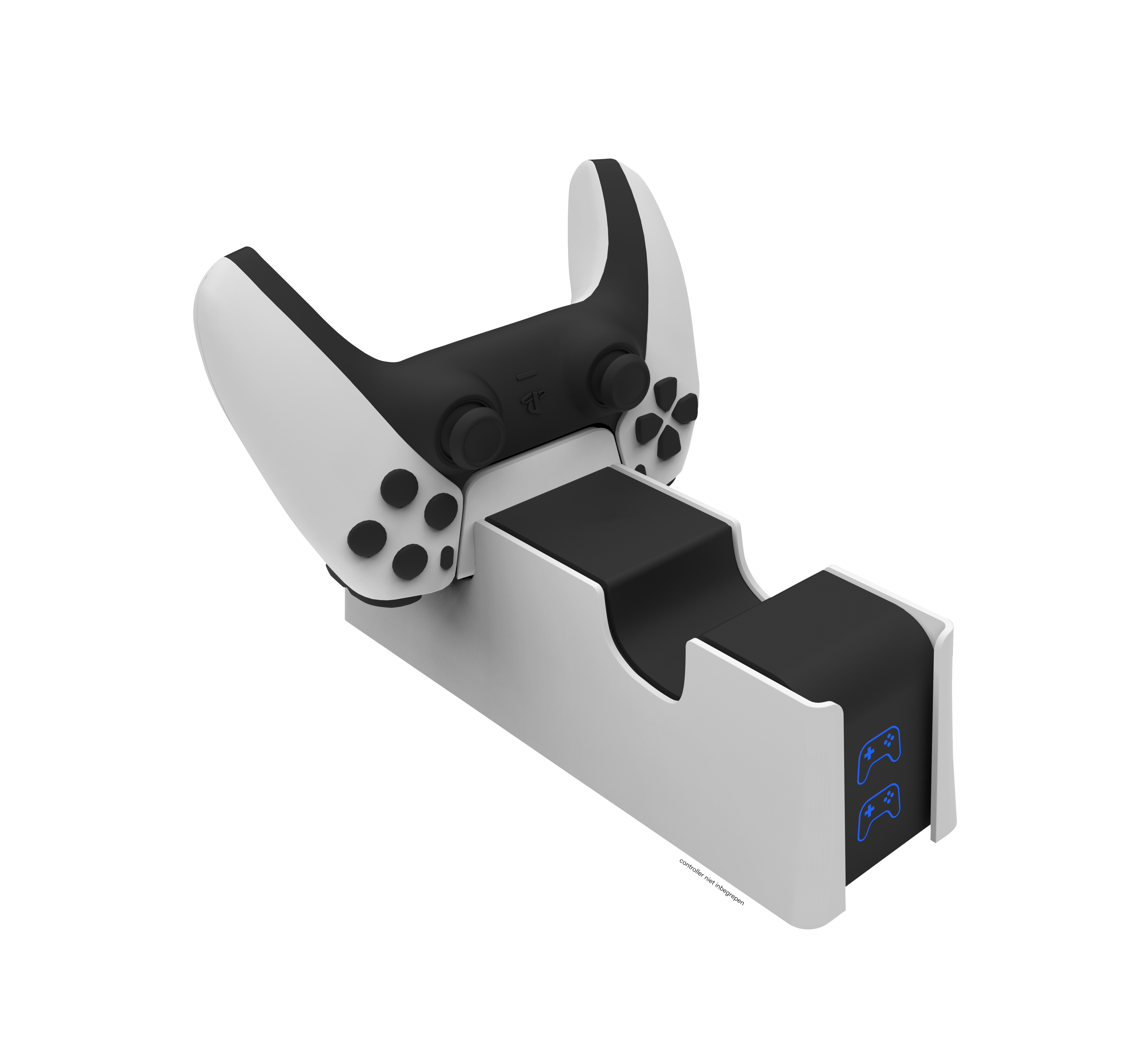 White and black PlayStation 5 controller charger. Has two charging slots.