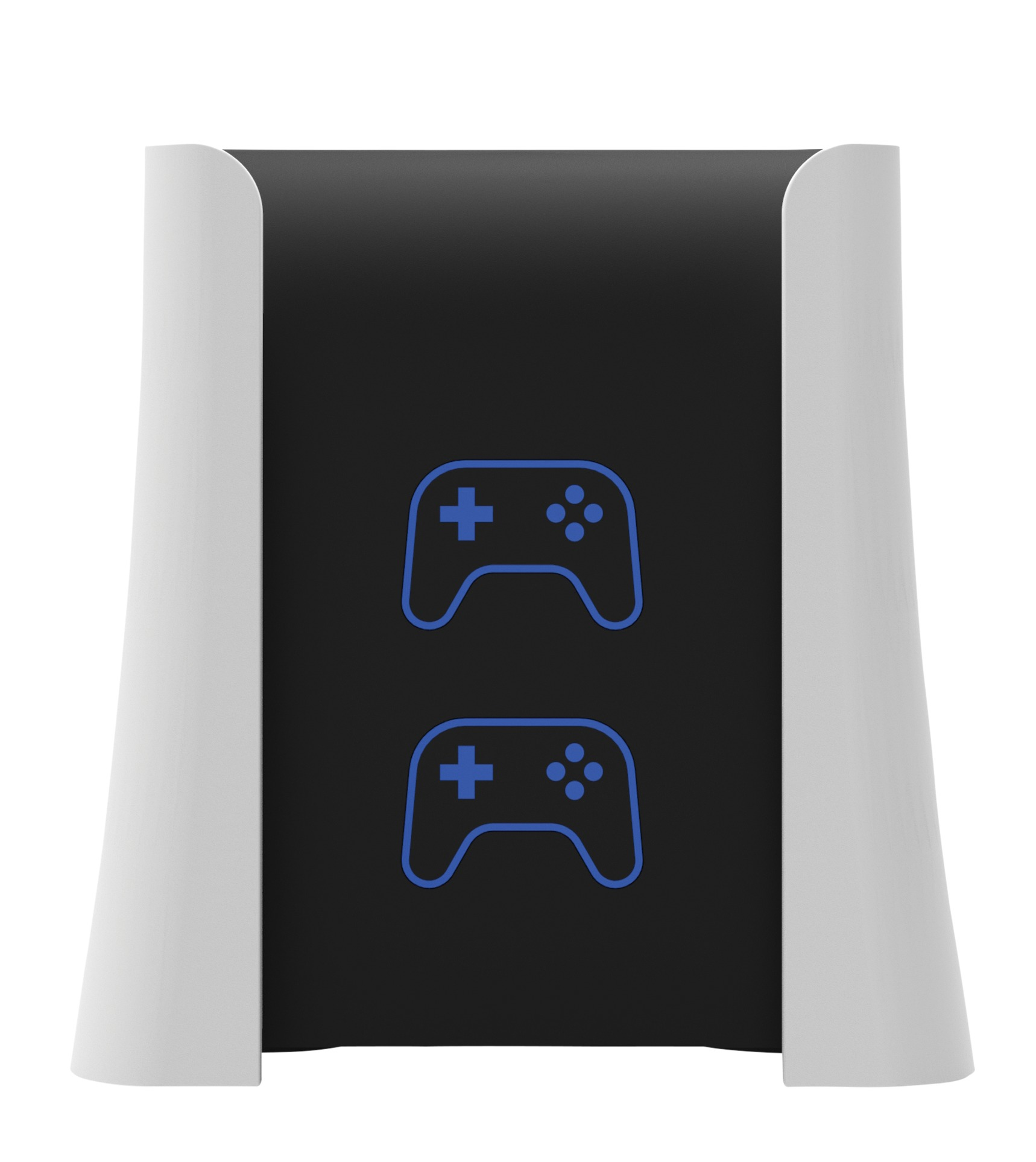 Black stand with two blue game controller icons, white edges, on a white backdrop.