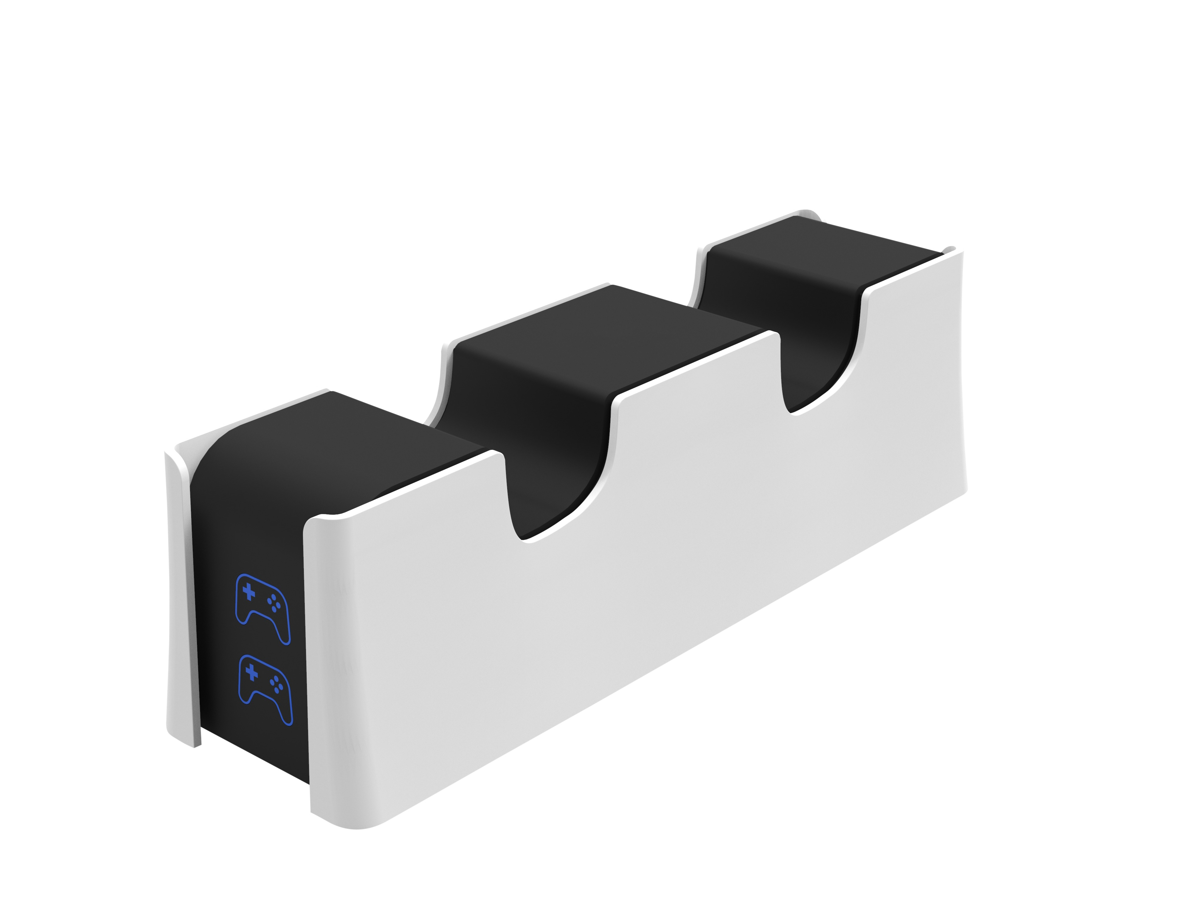 White and black PlayStation 5 controller charging station. Two charging slots.