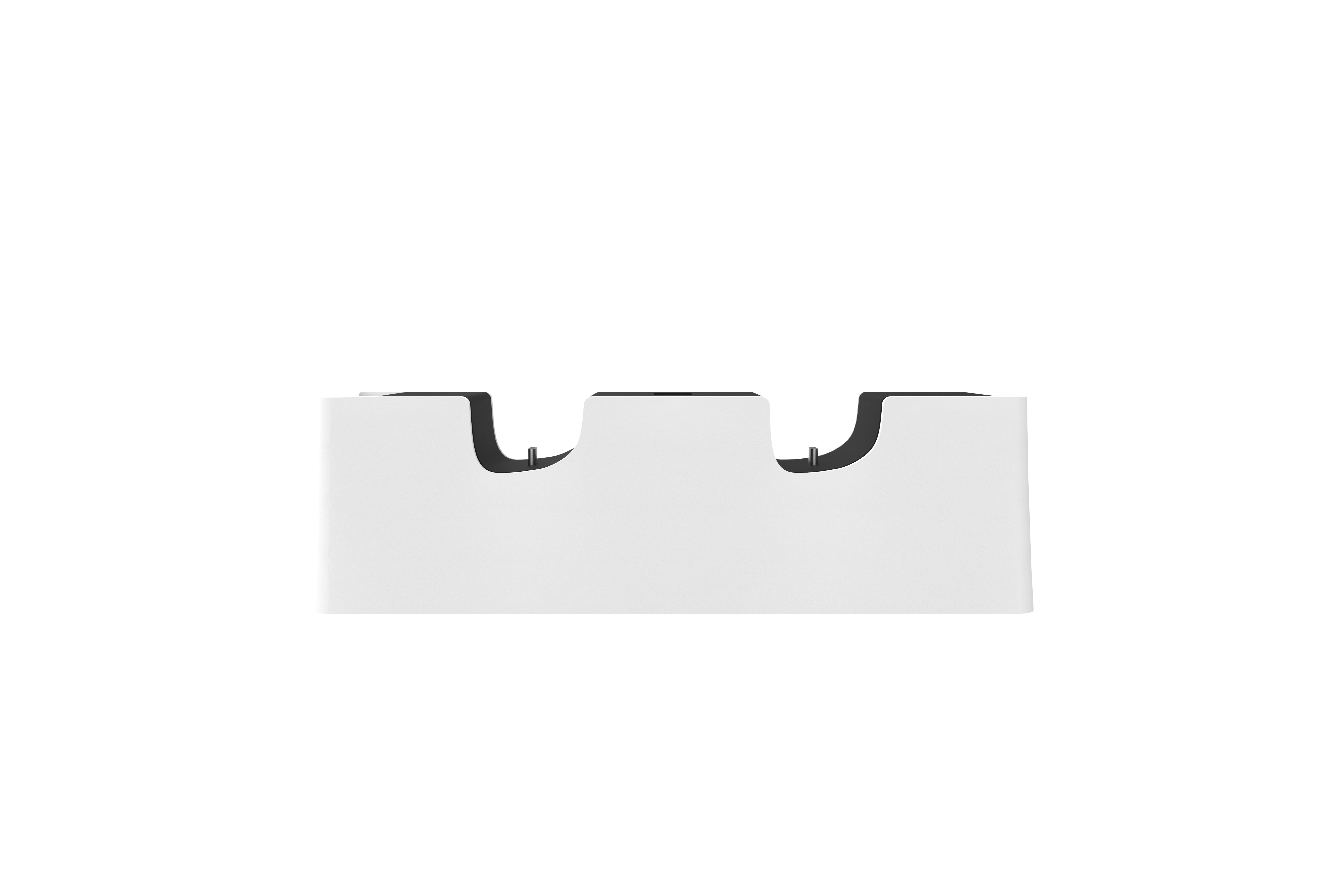 White base station for gaming controllers. Two slots for charging. White background.