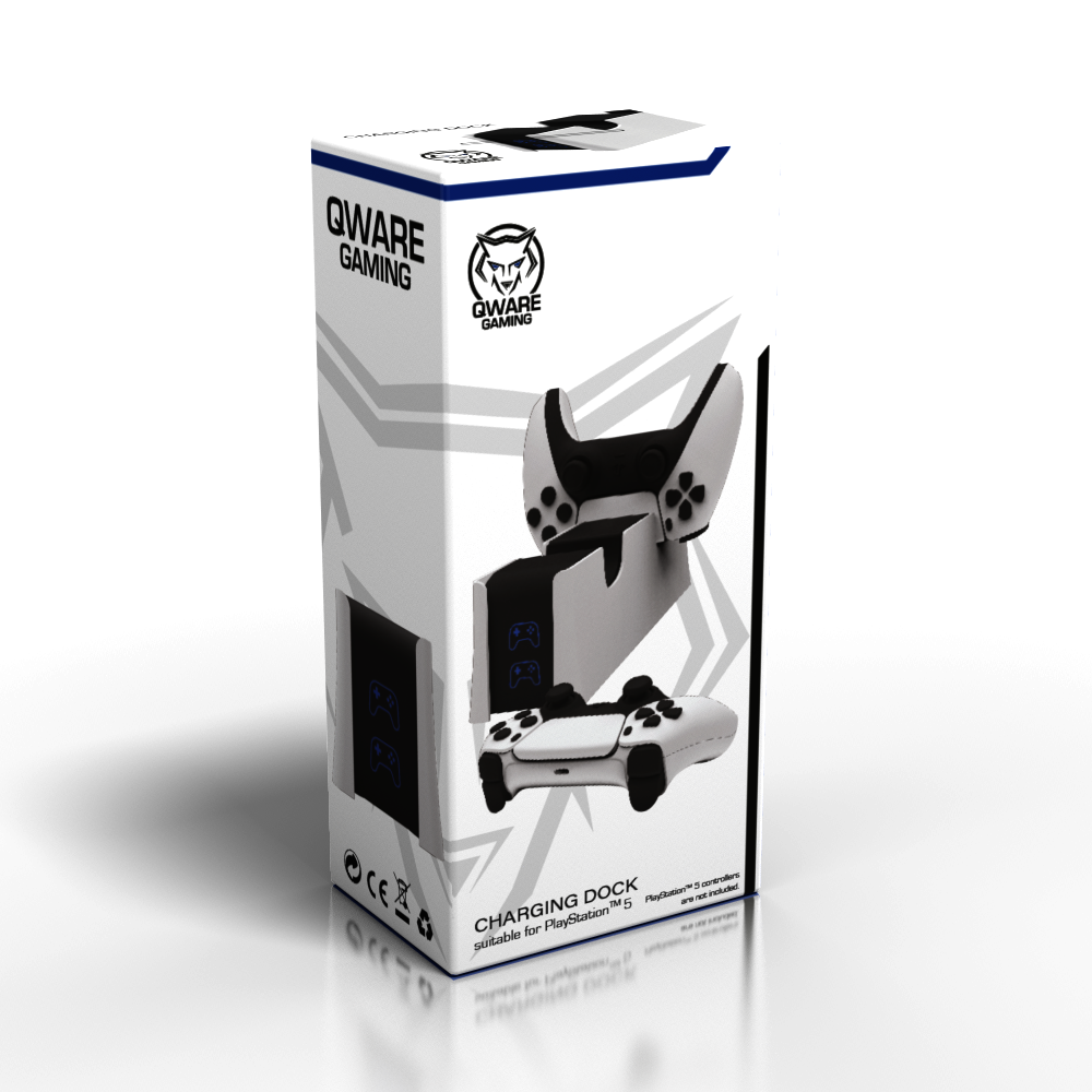 Product packaging for a PlayStation 5 charging dock, white and black design.