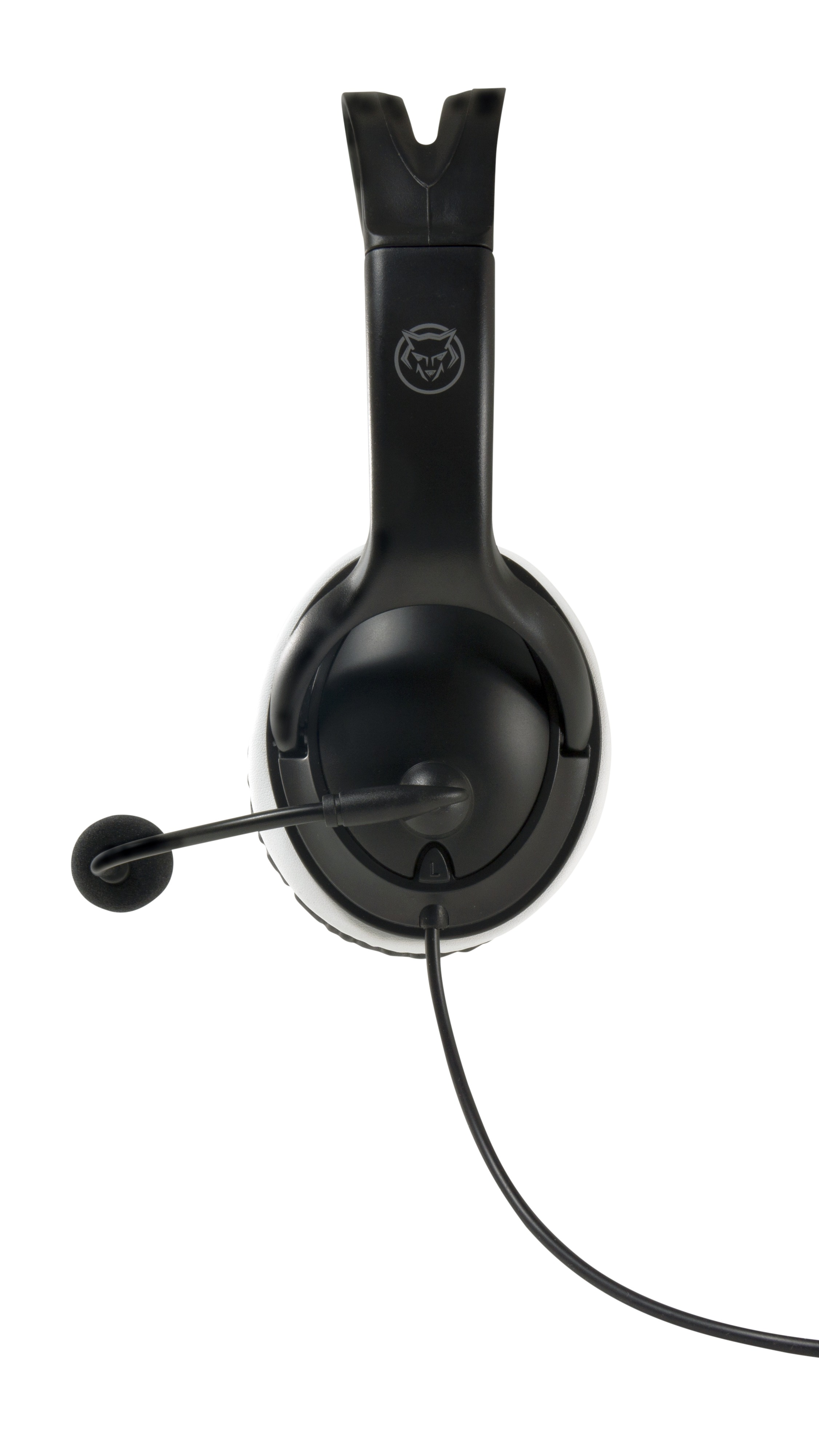 Black gaming headset with microphone, white background.