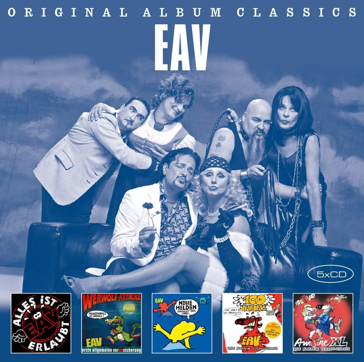 Albumcover mit 6 Personen auf einem Sofa. Text 'EAV' und Albumtitel sind auf dem Cover zu sehen.
