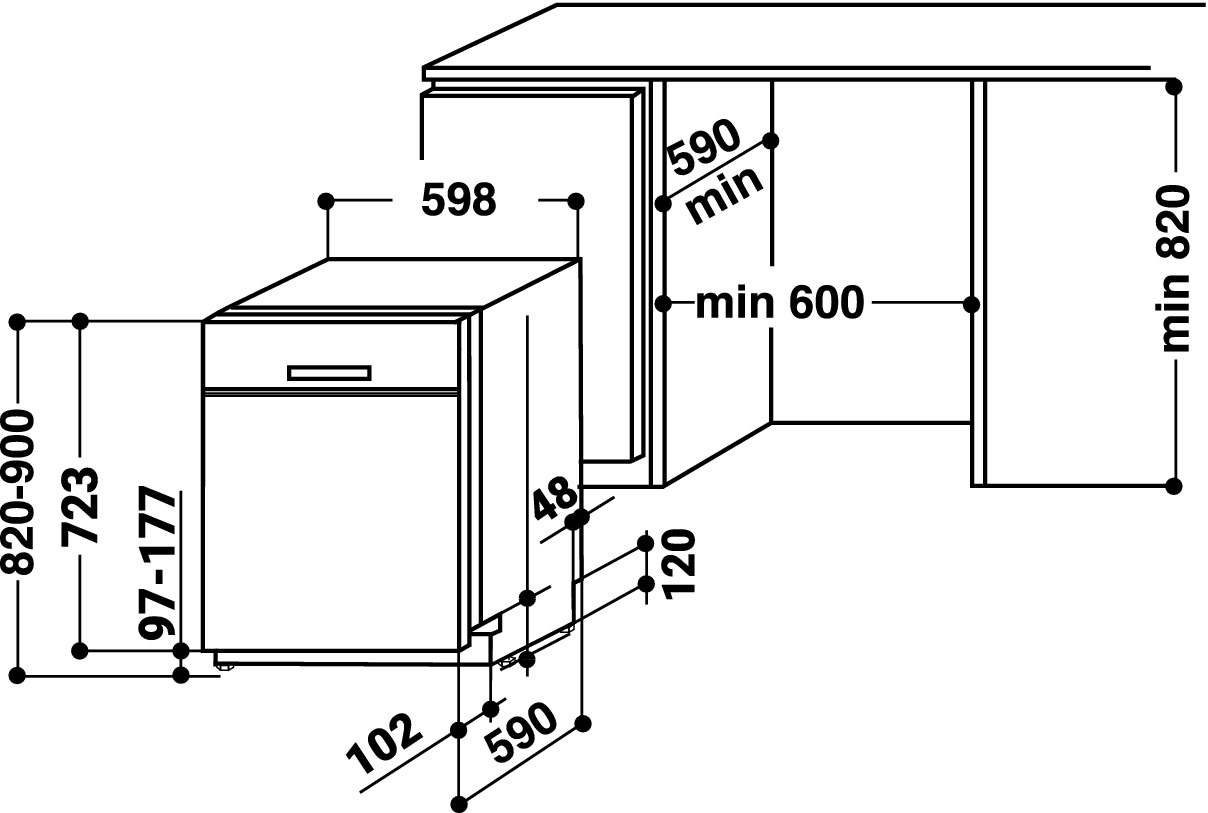 Diagramm einer Spülmaschine mit Maßen in mm, das die Abmessungen und den Einbauraum zeigt.