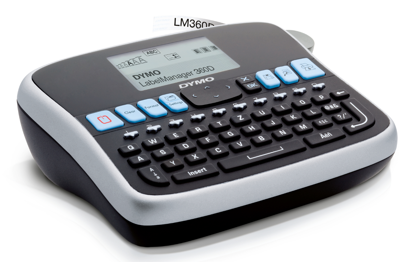Ein schwarz-graues Dymo-Etikettiergerät mit Tastatur und einem LCD-Bildschirm mit Text.